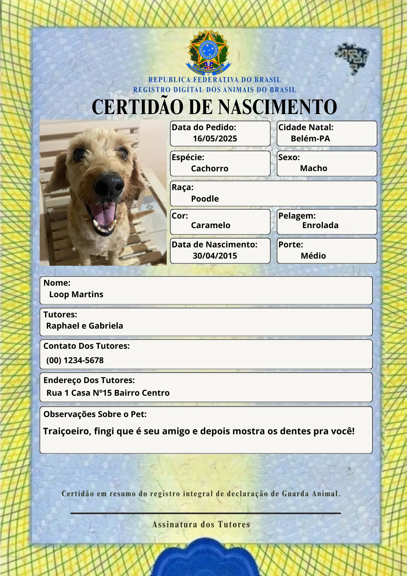Modelo de Certidão de Nascimento Pet Editável